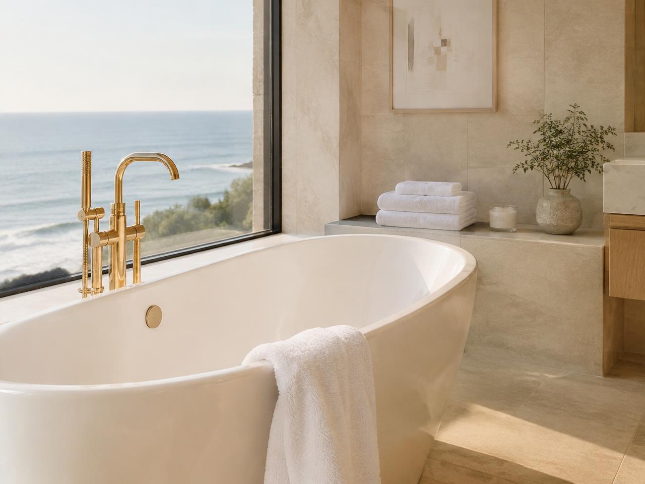 Sea-view ensuite with folded towels