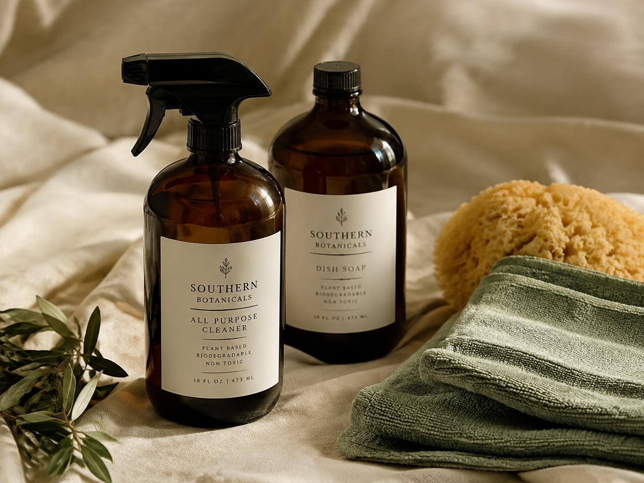 Botanical cleaning products and microfibre cloths